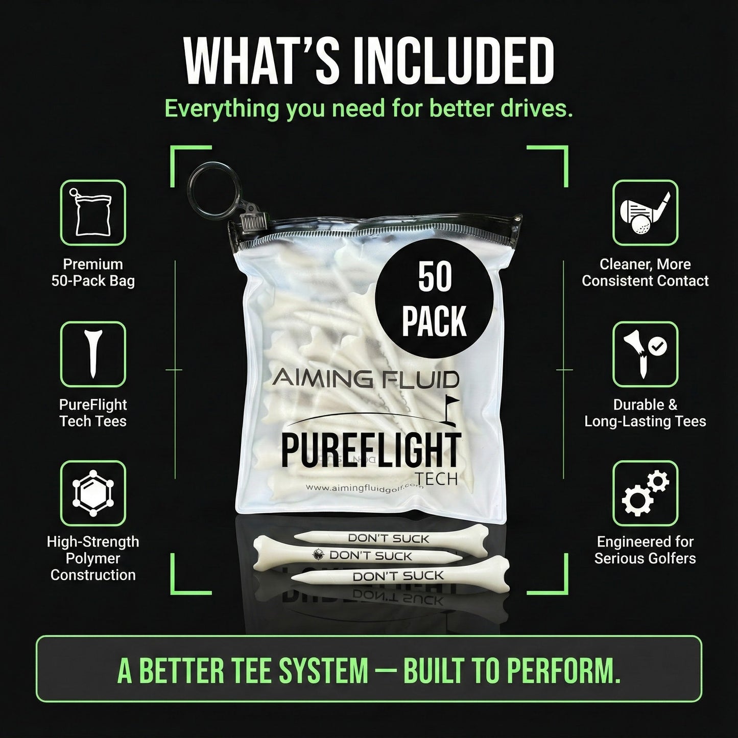DON’T SUCK™ Golf Tees – PureFlight™ 4-Prong Design (50-Pack)